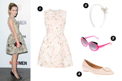 Dentro del armario de Sally Draper (Mad Men)

	1. Vestido de Giambattista Valli (1.500 euros)

	2. Diadema de Red Valentino (66 euros)

	3. Gafas 'Jackie O' de Courreges (295 euros)

	4. Bailarina 'Sanna' de Salvatore Ferragamo (375 euros)