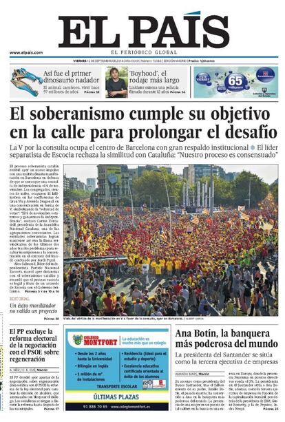 La Diada se celebró con una multitudinaria manifestación soberanista en Barcelona que pretendió sellar la "voluntad de votar" el 9 de noviembre en una consulta independentista. El desafío -con fuerte impulso institucional- se mantenía.<p> <b>Noticia</b>: <a href="http://ccaa.elpais.com/ccaa/2014/09/11/catalunya/1410448185_312936.html" target="blank">El soberanismo refuerza el pulso de Mas</a>