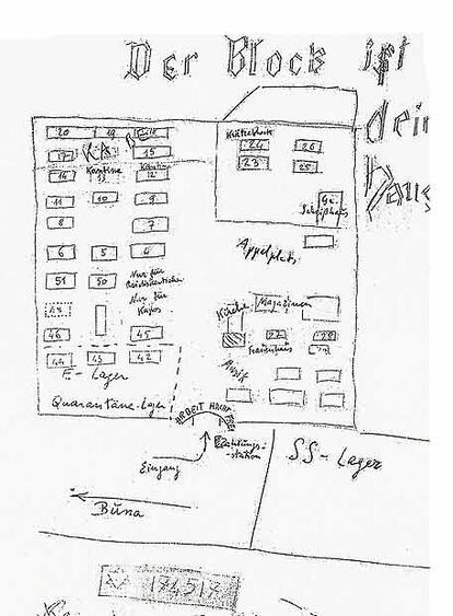 Boceto que el escritor realizó de Auschwitz-Monovitz y regaló a Jean Samuel.