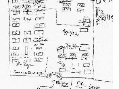 Boceto que el escritor realizó de Auschwitz-Monovitz y regaló a Jean Samuel.