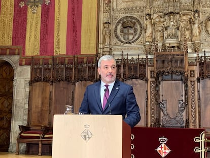 El alcalde de Barcelona, Jaume Collboni, durante una comparecencia este miércoles en el Saló de Cent del Ayuntamiento de Barcelona.