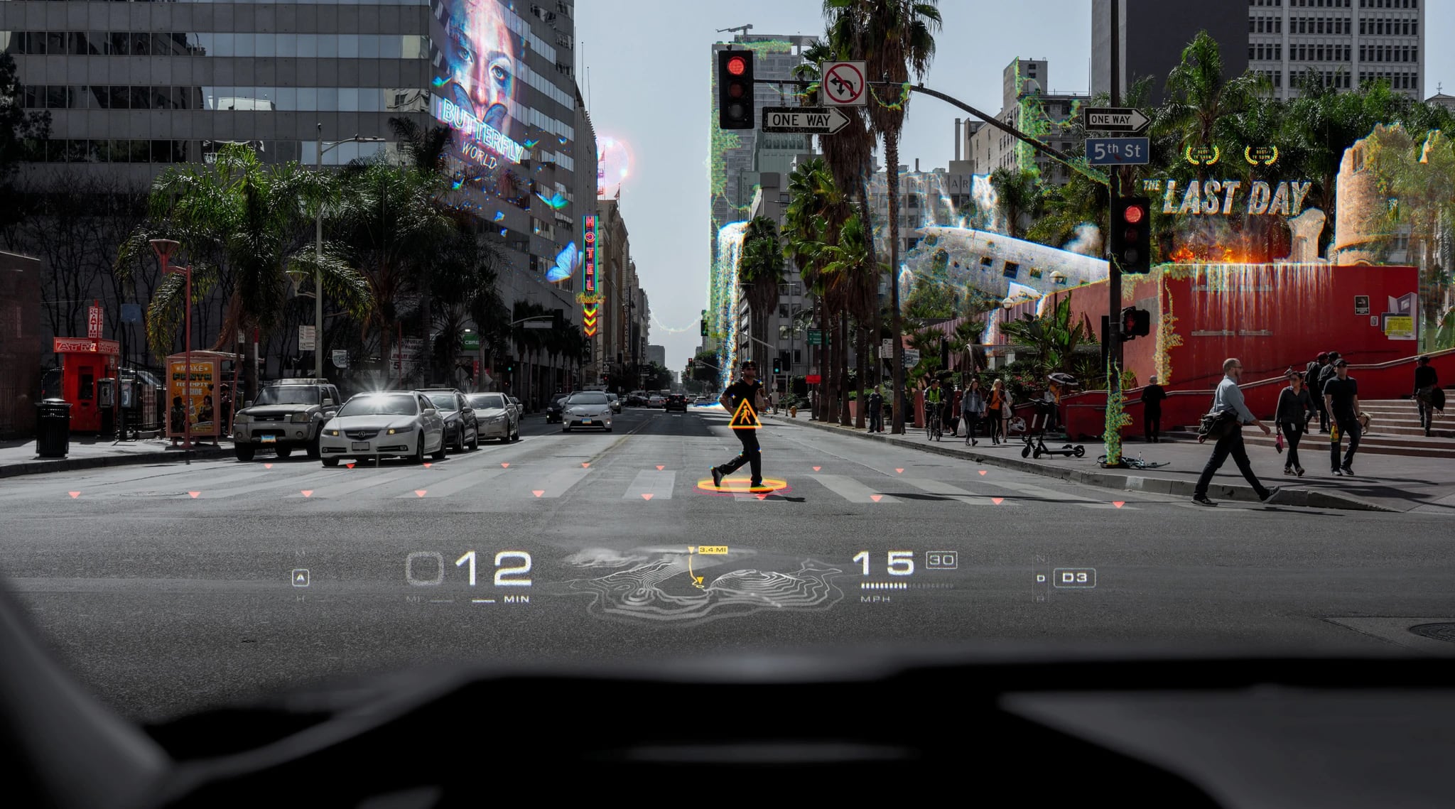 Una imagen de la web de la compañía WayRay que muestra el funcionamiento de sus cristales de realidad aumentada para coches.