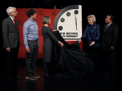 The 'Doomsday Clock' at its revealing on Tuesday.