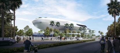 An illustration of the façade of the Lucas Museum of Narrative Art, which will open its doors in 2025 in Los Angeles.