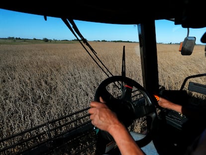 Un trabajador cosecha soja en un campo en Chivilcoy, en las afueras de Buenos Aires, Argentina, el 8 de abril de 2020.