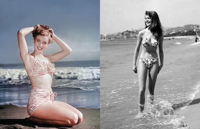 A la izquierda, Marilyn Monroe en uno de sus posados de verano en Los Ángeles, California, en 1946. A la derecha, Brigitte Bardot en Cannes, en 1953.