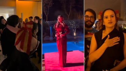 Instáneas de la fiesta de Nochevieja de 'Los Javis'. De izquierda a derecha: Rosalía junto a Diego Ibánez; Anne Igartiburu dando las Campanadas y la cantante catalana con el actor Brays Efe.