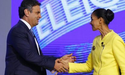 Marina Silva e A&eacute;cio Neves durante o debate.