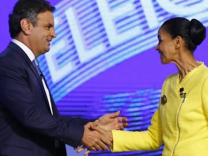 Marina Silva e A&eacute;cio Neves durante o debate.