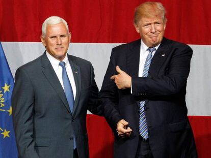 Donald Trump and Indiana Governor Mike Pence address the crowd on June 12.