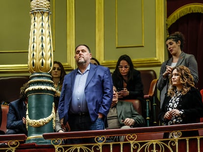 El presidente de Esquerra Republicana, Oriol Junqueras, durante la votación de la ley de amnistía, el pasado martes.