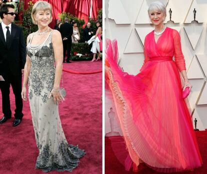 La actriz Helen Mirren, en los premios Oscar de 2005 y en los de 2019.