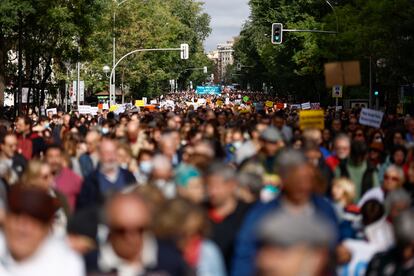Decenas de miles de personas durante la marcha a favor de la sanidad pública por el centro de Madrid. 