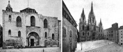 Fachada de la catedral de Barcelona en el siglo XIX, con un sencillo arco de medio punto como entrada y ventanas asimétricas y en 1913, con las mejoras de Font y el pináculo del cimborrio.