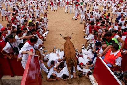 Runners on the ground brace themselves as a 'vaquilla' young cow  jumps over them at the end of the second 'encierro' at the Sanfermines festival in Pamplona on Monday. 