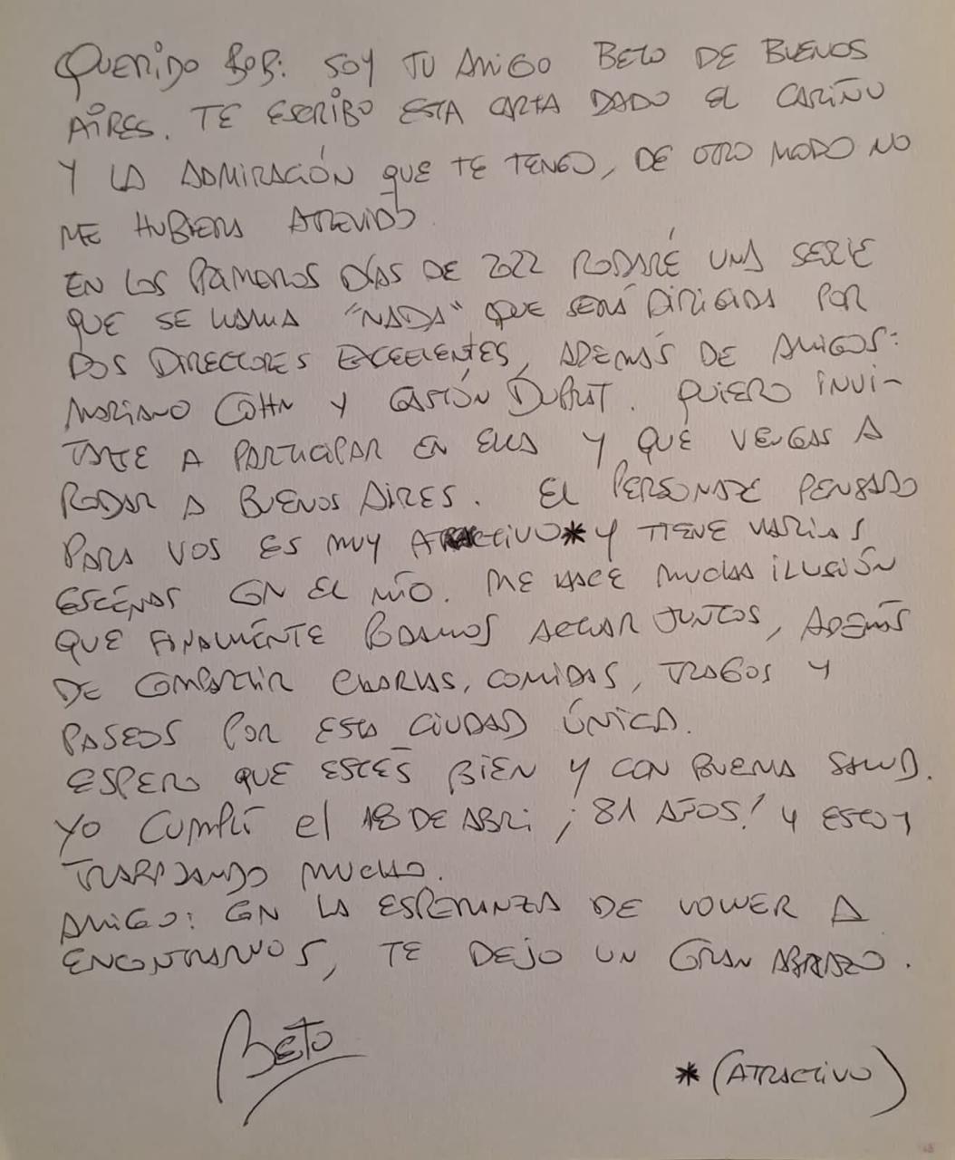 Fotocopioa de la carta, escrita a puño y letra, del actor argentino Brandoni al intérprete estadounidense Robert de Niro.