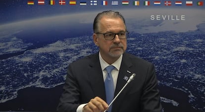 El director general de la Agencia Espacial Europea, el austriaco Josef Aschbacher, este lunes en Sevilla para informar de los acuerdos alcanzados en la cumbre.