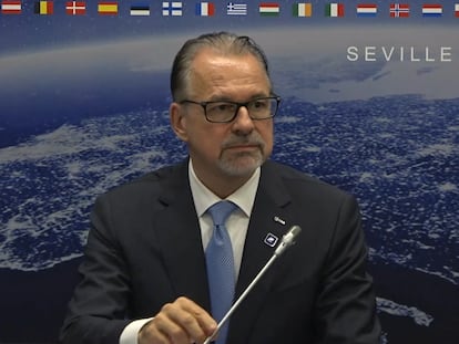 El director general de la Agencia Espacial Europea, el austriaco Josef Aschbacher, este lunes en Sevilla para informar de los acuerdos alcanzados en la cumbre.