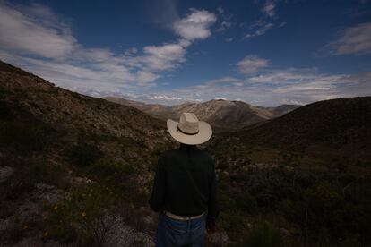 Tacho mira el paisaje montañoso al norte de Coahuila. 