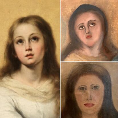 Imagen de una de las famosas Inmaculadas de Murillo (izquierda). A la derecha, la copia de un coleccionista valenciano, deformada tras la fallida restauración.