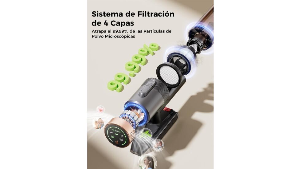 La aspiradora sin cable incorpora un sistema de limpieza de varias capas.
