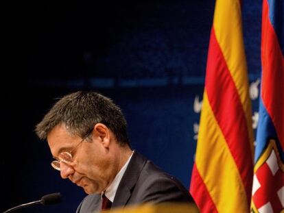 Josep Maria Bartomeu, durant la roda de premsa.