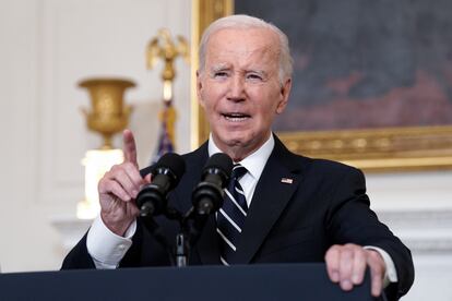 U.S. President Joe Biden delivers remarks on the attacks in Israel in the State Dining Room at the White House on October 7, 2023.