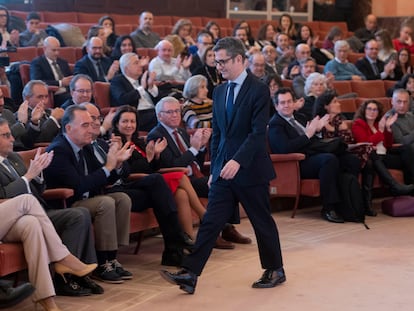 El ministro de la Presidencia, Relaciones con las Cortes y Justicia, Félix Bolaños, durante la clausura del acto del 30 aniversario de la Agencia de Protección de Datos, en el salón de actos del CSIC, este jueves en Madrid.