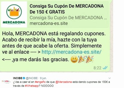 Aviso del Incibe en Twitter alertando de la estafa de los falsos cupones de Mercadona.