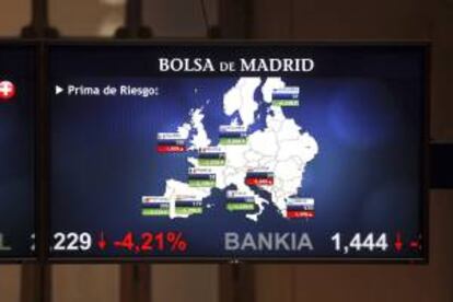 Panel en la Bolsa de Madrid que indica la prima de riesgo española. EFE/Archivo