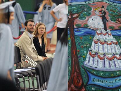 A la izquierda, los novios de la boda del año en EE UU, Chelsea Clinton y Marc Mezvinsky. A la derecha, una tarta de recuerdo.