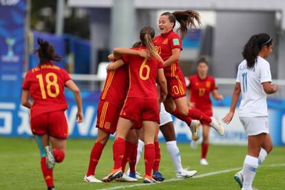 La selección española celebra el gol de Patri ante Estados Unidos en el Mundial.