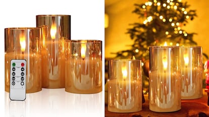 Las velas led con efecto llama como la de la imagen se vende en dos colores exteriores: dorado y gris.