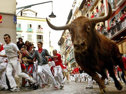 Los toros de la ganadería gaditana de Jandilla corren por la calle Estafeta, durante el sexto encierro de los Sanfermines 2004.