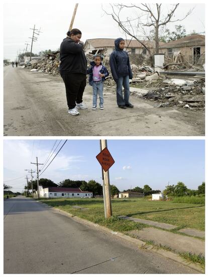 <B>13. </B>El número de visitas que el entonces presidente, George W. Bush, hizo a Nueva Orleans después del Katrina. Su reacción lenta y torpe ensombreció la fase final de su presidencia. "Me enorgullezco de mi habilidad para tomar decisiones claras y efectivas. Aún así, tras el Katrina, eso no ocurrió. El problema no fue que yo tomara malas decisiones. Fue que me tomé mucho tiempo para decidir", escribió en sus memorias. En la imagen una familia contempla los destrozos en su casa, en diciembre de 2005 y julio de 2015.