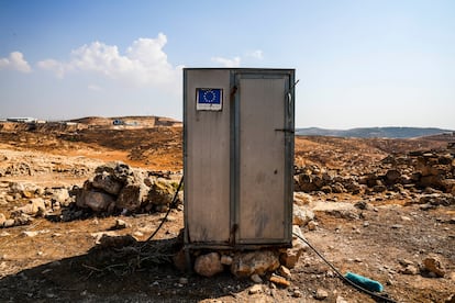 Remains of a container with humanitarian aid, in the southern West Bank.