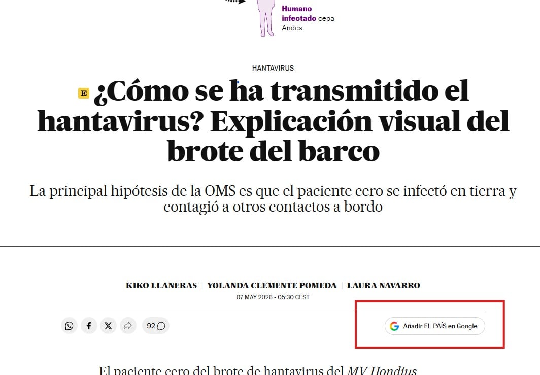 El botón que acompaña a los artículos para elegir a EL PAÍS como fuente de preferencia en los resultados de búsquedas de noticias en Google.