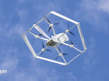 Este dron hexagonal es uno de los diseños que Amazon ha desarrollado en sus laboratorios en los últimos años.