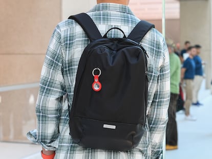 A key ring containing an AirTag attached to a rucksack inside the Apple Store George Street on April 30, 2021 in Sydney, Australia.