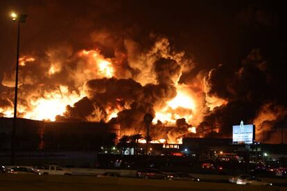 A view of a fire at Saudi Aramco's petroleum storage facility, in Jeddah