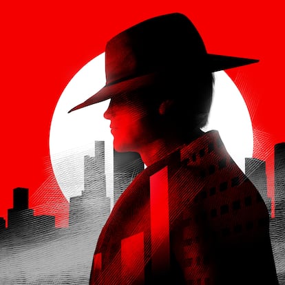 3d render profile portrait illustration of detective man in hat on red colored cityscape with shining moon background.