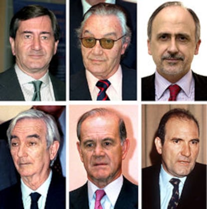 Arriba, de izquierda a derecha, Alfonso Cortina, Ramón Icaza y Óscar Fanjul; abajo, Javier Aresti, Juan Entrecanales y Luis María Ybarra.