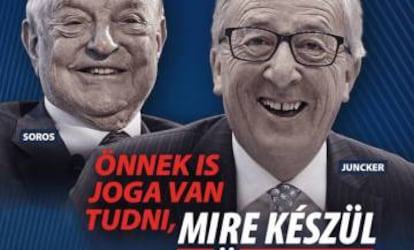 Campaña del Gobierno húngaro que utilizaba las imágenes de Soros y Juncker para criticar la política migratoria.