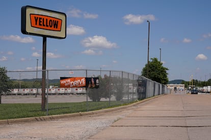 A sign for Yellow Corp. trucking company stands outside its facility Monday, July 31, 2023 in Nashville, Tenn.