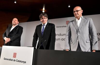 Oriol Junqueras, Carles Puigdemont and Raul Romeva in Madrid on Monday.