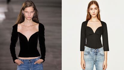 En la colección primavera-verano 2017 de Saint Laurent encontramos este look protagonizado por top de escote corazón y vaqueros. Zara 'clona' el estilismo completo (el body cuesta 12,95 euros).