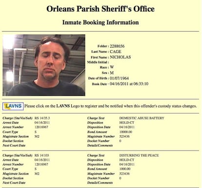 La ficha policial de Nicolas Cage. En 2011 el actor fue detenido en Nueva Orleans por discutir con su la que era su mujer desde hacía siete años, Alice Kim Cage.