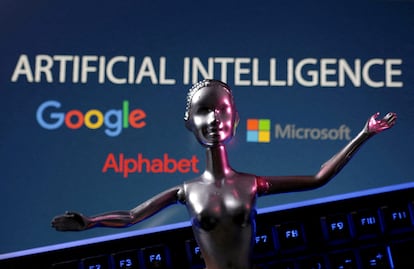 Google, Microsoft and Alphabet logos and AI Artificial Intelligence words are seen in this illustration taken