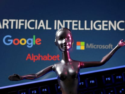 Google, Microsoft and Alphabet logos and AI Artificial Intelligence words are seen in this illustration taken