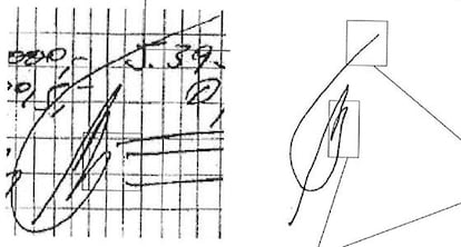 A la izquierda, visé atribuido supuestamente a Álvaro Lapuerta que figura en los papeles de Bárcenas. A la derecha, rúbrica que Lapuerta realizó en sede judicial.